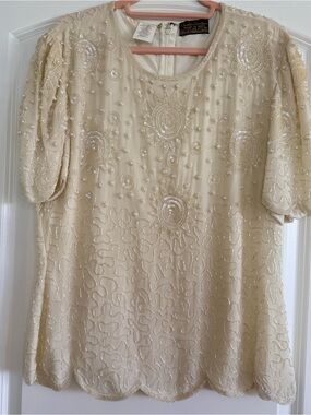 Creative Creations Silk Beaded Top Vintage Ivory Pearl Sequin India M